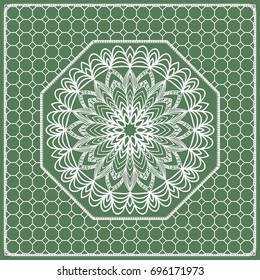 Square composition in geometric Lace Pattern. Floral Mandala Background for Scarf Print, Fabric, Covers, Scrapbooking, Bandana, Pareo, Shawl, Carpet design. Vector Illustration, green color