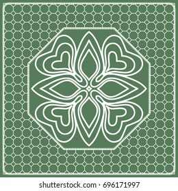 Square composition in geometric Lace Pattern. Floral Mandala Background for Scarf Print, Fabric, Covers, Scrapbooking, Bandana, Pareo, Shawl, Carpet design. Vector Illustration, green color