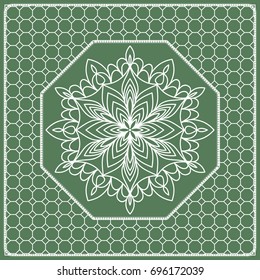 Square composition in geometric Lace Pattern. Floral Mandala Background for Scarf Print, Fabric, Covers, Scrapbooking, Bandana, Pareo, Shawl, Carpet design. Vector Illustration, green color