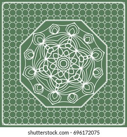 Square composition in geometric Lace Pattern. Floral Mandala Background for Scarf Print, Fabric, Covers, Scrapbooking, Bandana, Pareo, Shawl, Carpet design. Vector Illustration, green color