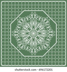 Square composition in geometric Lace Pattern. Floral Mandala Background for Scarf Print, Fabric, Covers, Scrapbooking, Bandana, Pareo, Shawl, Carpet design. Vector Illustration, green color