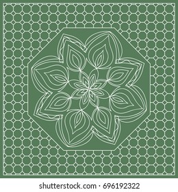 Square composition in geometric Lace Pattern. Floral Mandala Background for Scarf Print, Fabric, Covers, Scrapbooking, Bandana, Pareo, Shawl, Carpet design. Vector Illustration, green color