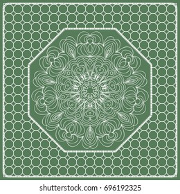 Square composition in geometric Lace Pattern. Floral Mandala Background for Scarf Print, Fabric, Covers, Scrapbooking, Bandana, Pareo, Shawl, Carpet design. Vector Illustration, green color
