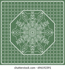 Square composition in geometric Lace Pattern. Floral Mandala Background for Scarf Print, Fabric, Covers, Scrapbooking, Bandana, Pareo, Shawl, Carpet design. Vector Illustration, green color