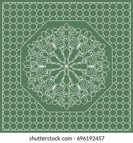 Square composition in geometric Lace Pattern. Floral Mandala Background for Scarf Print, Fabric, Covers, Scrapbooking, Bandana, Pareo, Shawl, Carpet design. Vector Illustration, green color
