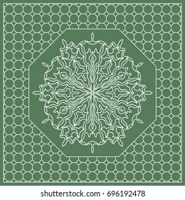 Square composition in geometric Lace Pattern. Floral Mandala Background for Scarf Print, Fabric, Covers, Scrapbooking, Bandana, Pareo, Shawl, Carpet design. Vector Illustration, green color