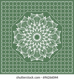 Square composition in geometric Lace Pattern. Floral Mandala Background for Scarf Print, Fabric, Covers, Scrapbooking, Bandana, Pareo, Shawl, Carpet design. Vector Illustration, green color