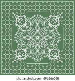 Square composition in geometric Lace Pattern. Floral Mandala Background for Scarf Print, Fabric, Covers, Scrapbooking, Bandana, Pareo, Shawl, Carpet design. Vector Illustration, green color