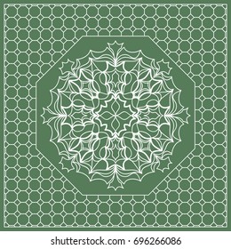 Square composition in geometric Lace Pattern. Floral Mandala Background for Scarf Print, Fabric, Covers, Scrapbooking, Bandana, Pareo, Shawl, Carpet design. Vector Illustration, green color
