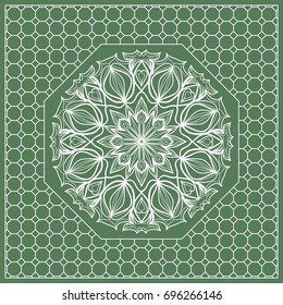 Square composition in geometric Lace Pattern. Floral Mandala Background for Scarf Print, Fabric, Covers, Scrapbooking, Bandana, Pareo, Shawl, Carpet design. Vector Illustration, green color