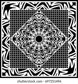 Square composition in geometric Lace Pattern. Floral Mandala Background for Scarf Print, Fabric, Covers, Scrapbooking, Bandana, Pareo, Shawl, Carpet design. Vector Illustration