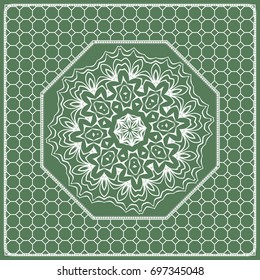 Square composition in geometric Lace Pattern. Floral Mandala Background for Scarf Print, Fabric, Covers, Scrapbooking, Bandana, Pareo, Shawl, Carpet design. Vector Illustration, green color