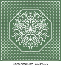 Square composition in geometric Lace Pattern. Floral Mandala Background for Scarf Print, Fabric, Covers, Scrapbooking, Bandana, Pareo, Shawl, Carpet design. Vector Illustration, green color