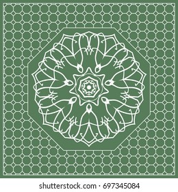 Square composition in geometric Lace Pattern. Floral Mandala Background for Scarf Print, Fabric, Covers, Scrapbooking, Bandana, Pareo, Shawl, Carpet design. Vector Illustration, green color
