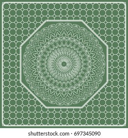 Square composition in geometric Lace Pattern. Floral Mandala Background for Scarf Print, Fabric, Covers, Scrapbooking, Bandana, Pareo, Shawl, Carpet design. Vector Illustration, green color