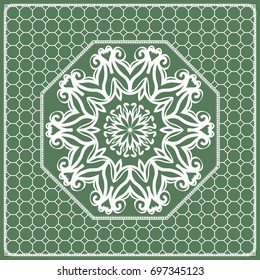 Square composition in geometric Lace Pattern. Floral Mandala Background for Scarf Print, Fabric, Covers, Scrapbooking, Bandana, Pareo, Shawl, Carpet design. Vector Illustration, green color