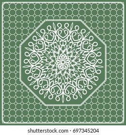 Square composition in geometric Lace Pattern. Floral Mandala Background for Scarf Print, Fabric, Covers, Scrapbooking, Bandana, Pareo, Shawl, Carpet design. Vector Illustration, green color