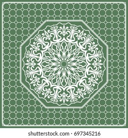 Square composition in geometric Lace Pattern. Floral Mandala Background for Scarf Print, Fabric, Covers, Scrapbooking, Bandana, Pareo, Shawl, Carpet design. Vector Illustration, green color