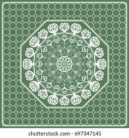 Square composition in geometric Lace Pattern. Floral Mandala Background for Scarf Print, Fabric, Covers, Scrapbooking, Bandana, Pareo, Shawl, Carpet design. Vector Illustration, green color