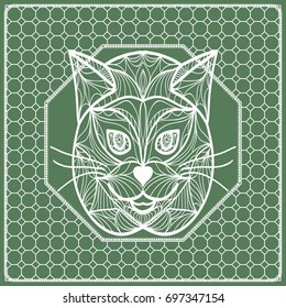 Square composition in geometric Lace Pattern with cat face. Floral Mandala Background for Scarf Print, Fabric, Covers, Scrapbooking, Bandana, Pareo, Shawl, design. Vector Illustration, green color