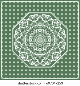 Square composition in geometric Lace Pattern. Floral Mandala Background for Scarf Print, Fabric, Covers, Scrapbooking, Bandana, Pareo, Shawl, Carpet design. Vector Illustration, green color
