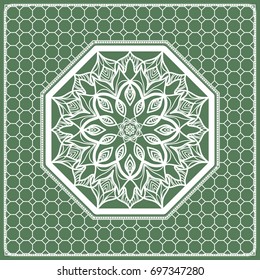 Square composition in geometric Lace Pattern. Floral Mandala Background for Scarf Print, Fabric, Covers, Scrapbooking, Bandana, Pareo, Shawl, Carpet design. Vector Illustration, green color