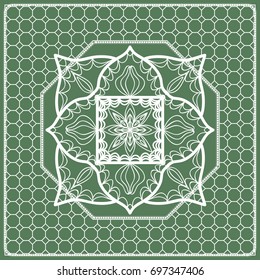Square composition in geometric Lace Pattern. Floral Mandala Background for Scarf Print, Fabric, Covers, Scrapbooking, Bandana, Pareo, Shawl, Carpet design. Vector Illustration, green color