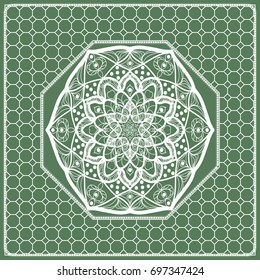 Square composition in geometric Lace Pattern. Floral Mandala Background for Scarf Print, Fabric, Covers, Scrapbooking, Bandana, Pareo, Shawl, Carpet design. Vector Illustration, green color