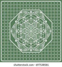 Square composition in geometric Lace Pattern. Floral Mandala Background for Scarf Print, Fabric, Covers, Scrapbooking, Bandana, Pareo, Shawl, Carpet design. Vector Illustration, green color
