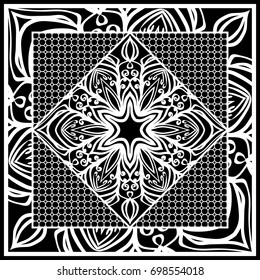 Square composition in geometric Lace Pattern. Floral Mandala Background for Scarf Print, Fabric, Covers, Scrapbooking, Bandana, Pareo, Shawl, Carpet design. Vector Illustration