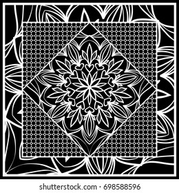 Square composition in geometric Lace Pattern. Floral Mandala Background for Scarf Print, Fabric, Covers, Scrapbooking, Bandana, Pareo, Shawl, Carpet design. Vector Illustration