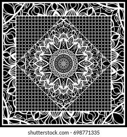 Square composition in geometric Lace Pattern. Floral Mandala Background for Scarf Print, Fabric, Covers, Scrapbooking, Bandana, Pareo, Shawl, Carpet design. Vector Illustration