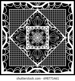 Square composition in geometric Lace Pattern. Floral Mandala Background for Scarf Print, Fabric, Covers, Scrapbooking, Bandana, Pareo, Shawl, Carpet design. Vector Illustration