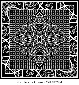 Square composition in geometric Lace Pattern. Floral Mandala Background for Scarf Print, Fabric, Covers, Scrapbooking, Bandana, Pareo, Shawl, Carpet design. Vector Illustration