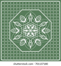 Square composition in geometric Lace Pattern. Floral Mandala Background for Scarf Print, Fabric, Covers, Scrapbooking, Bandana, Pareo, Shawl, Carpet design. Vector Illustration, green color