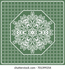 Square composition in geometric Lace Pattern. Floral Mandala Background for Scarf Print, Fabric, Covers, Scrapbooking, Bandana, Pareo, Shawl, Carpet design. Vector Illustration, green color