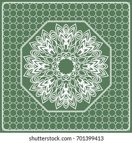 Square composition in geometric Lace Pattern. Floral Mandala Background for Scarf Print, Fabric, Covers, Scrapbooking, Bandana, Pareo, Shawl, Carpet design. Vector Illustration, green color