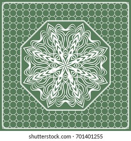 Square composition in geometric Lace Pattern. Floral Mandala Background for Scarf Print, Fabric, Covers, Scrapbooking, Bandana, Pareo, Shawl, Carpet design. Vector Illustration, green color