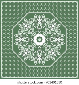 Square composition in geometric Lace Pattern. Floral Mandala Background for Scarf Print, Fabric, Covers, Scrapbooking, Bandana, Pareo, Shawl, Carpet design. Vector Illustration, green color