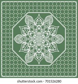 Square composition in geometric Lace Pattern. Floral Mandala Background for Scarf Print, Fabric, Covers, Scrapbooking, Bandana, Pareo, Shawl, Carpet design. Vector Illustration, green color