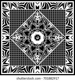 Square composition in geometric Lace Pattern. Floral Mandala Background for Scarf Print, Fabric, Covers, Scrapbooking, Bandana, Pareo, Shawl, Carpet design. Vector Illustration