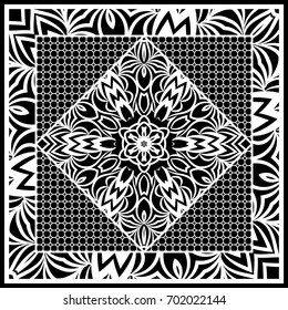 Square composition in geometric Lace Pattern. Floral Mandala Background for Scarf Print, Fabric, Covers, Scrapbooking, Bandana, Pareo, Shawl, Carpet design. Vector Illustration