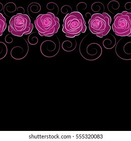 Square composition with horizontal abstrct vintage roses. Vector seamless pattern with stylized magenta and pink roses and copy space (place for your text).
