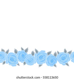 Square composition with horizontal abstrct vintage roses. Vector seamless pattern with stylized neutral and blue roses and copy space (place for your text).
