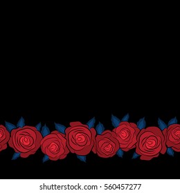 Square composition with horizontal abstrct vintage roses. Vector seamless pattern with stylized red and blue roses and copy space (place for your text).