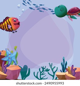 Square composition illustrates a lively underwater scene. A colorful fish, a friendly turtle, and a cheerful starfish stand on stones and seagrass at the bottom