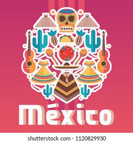 Square composition with mexican fiesta elements, good for decoration, flyer and poster, 3d word Mexico