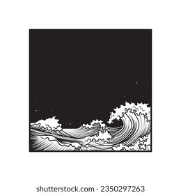 Square composition with ocean waves. T-shirt design, tattoo art. Vector illustration