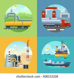 Square composition with oil industry symbols in circle shaped scenery and fuel transportation vehicles icons vector illustration