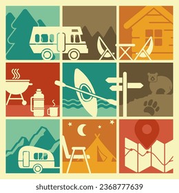 Square composition on the theme of camping and outdoor recreation in retro style